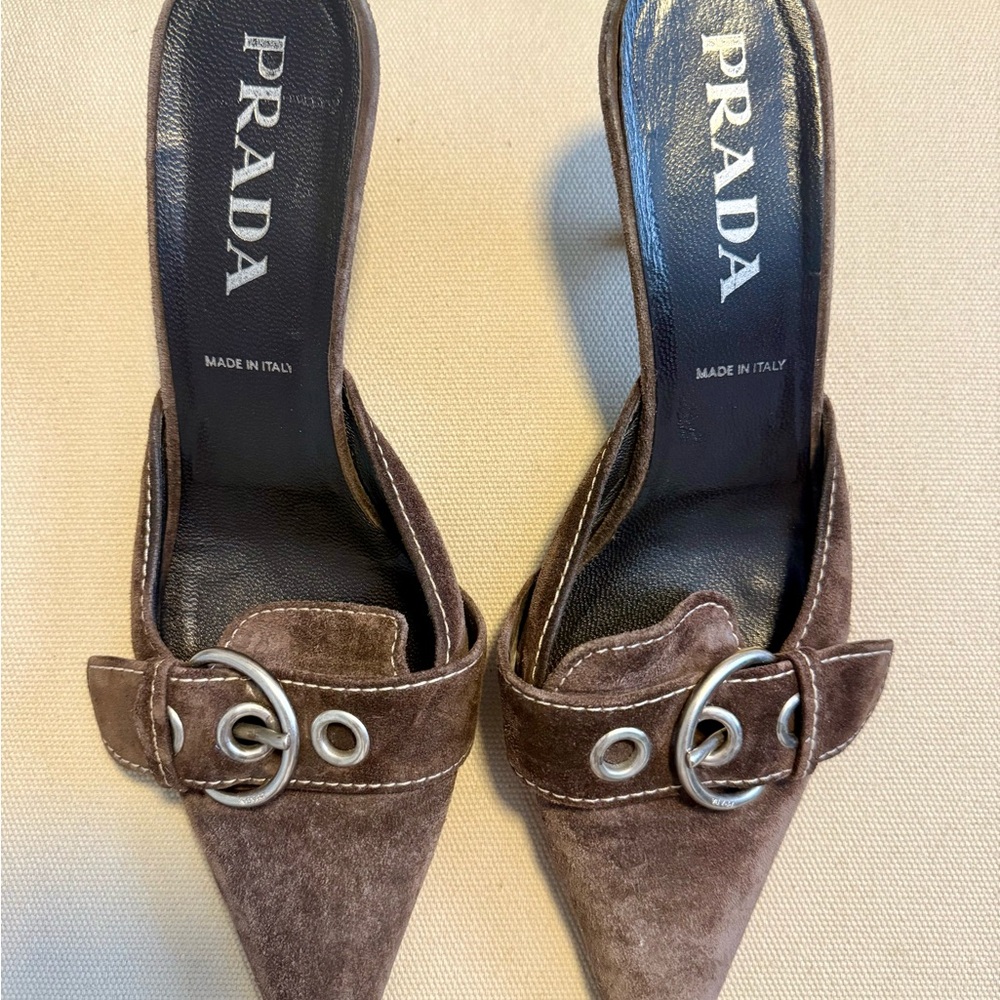 Prada suede pointed kitten heel mules in brown with silver accents - Picture 4 of 7